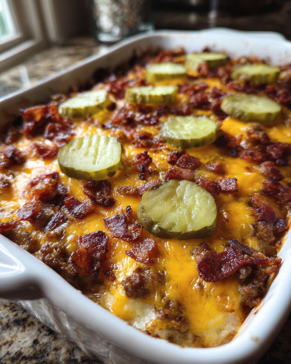 A close-up of a freshly baked Low-Carb Bacon Cheeseburger Casserole topped with melted cheese, crispy bacon, and pickle slices.