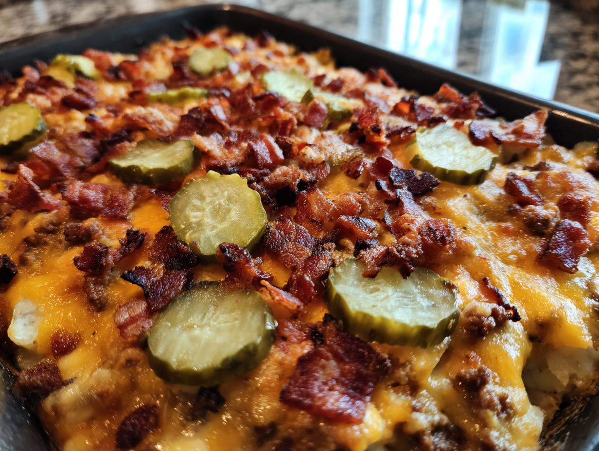 Close-up of a freshly baked Low-Carb Bacon Cheeseburger Casserole topped with melted cheese, crispy bacon, and pickle slices.