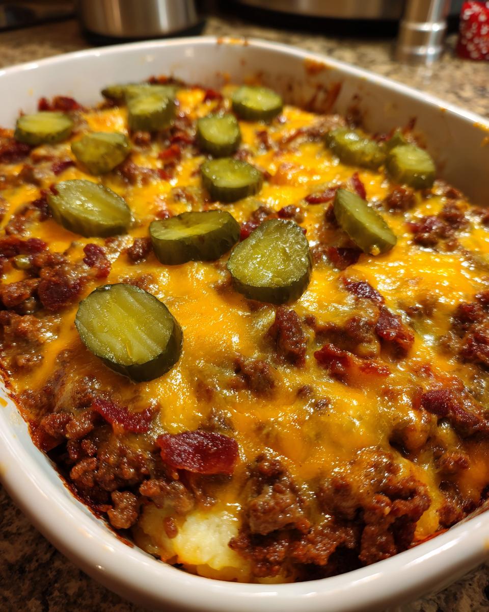 A close-up of a bubbling Low-Carb Bacon Cheeseburger Casserole topped with melted cheddar cheese and pickle slices.