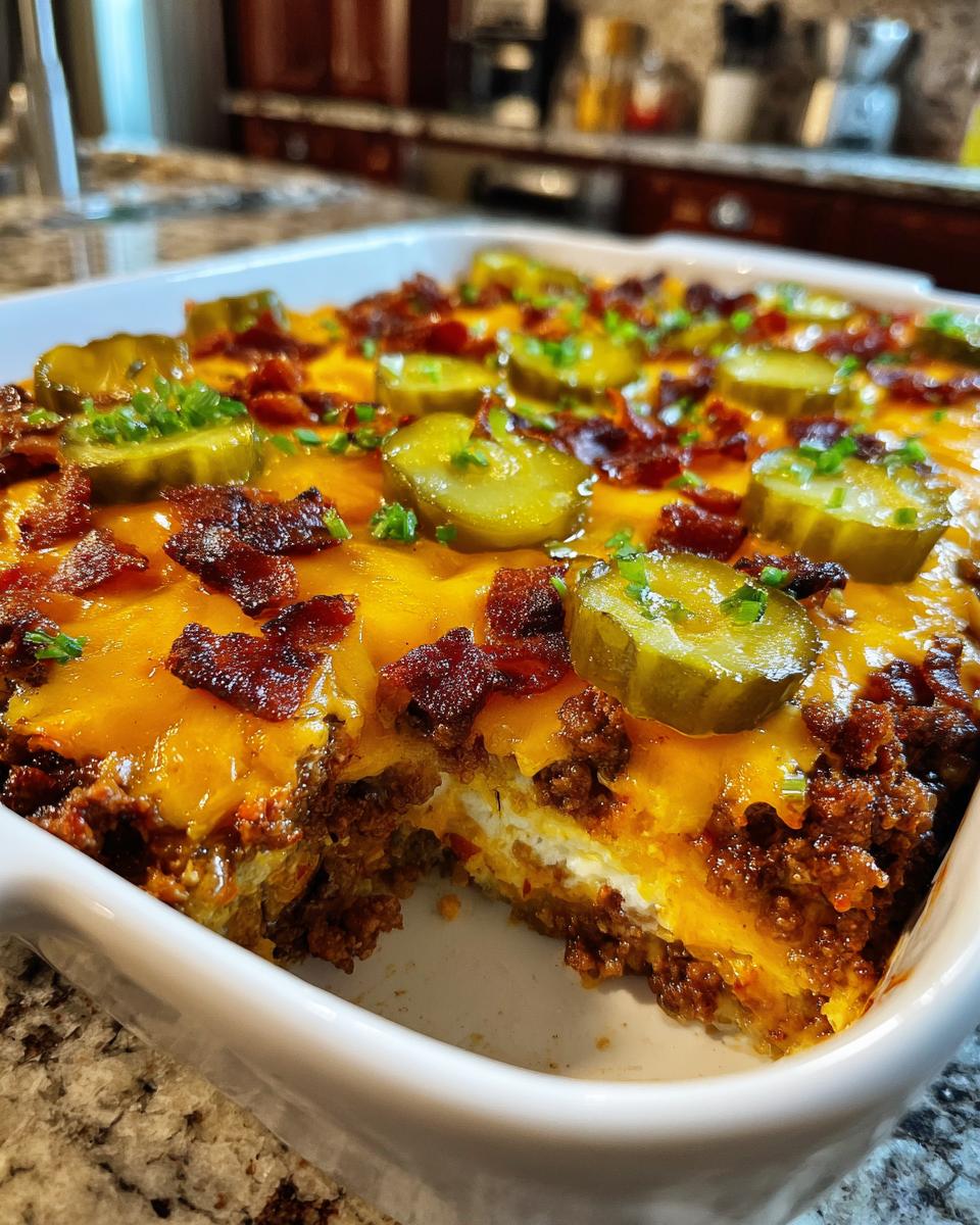 A slice of Low-Carb Bacon Cheeseburger Casserole topped with melted cheese, bacon bits, pickles, and chives.