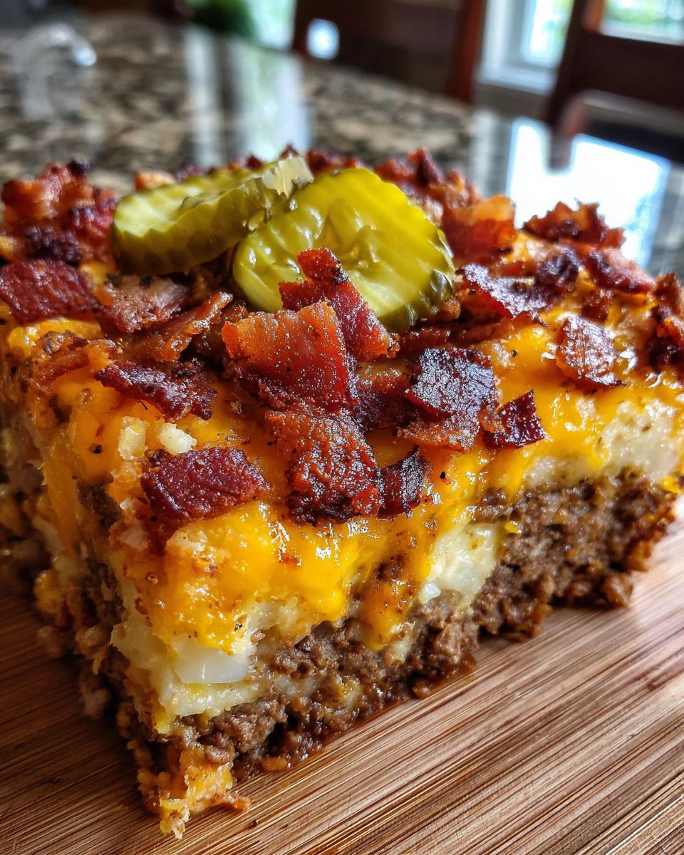 A hearty slice of Low-Carb Bacon Cheeseburger Casserole, topped with crispy bacon and pickles.