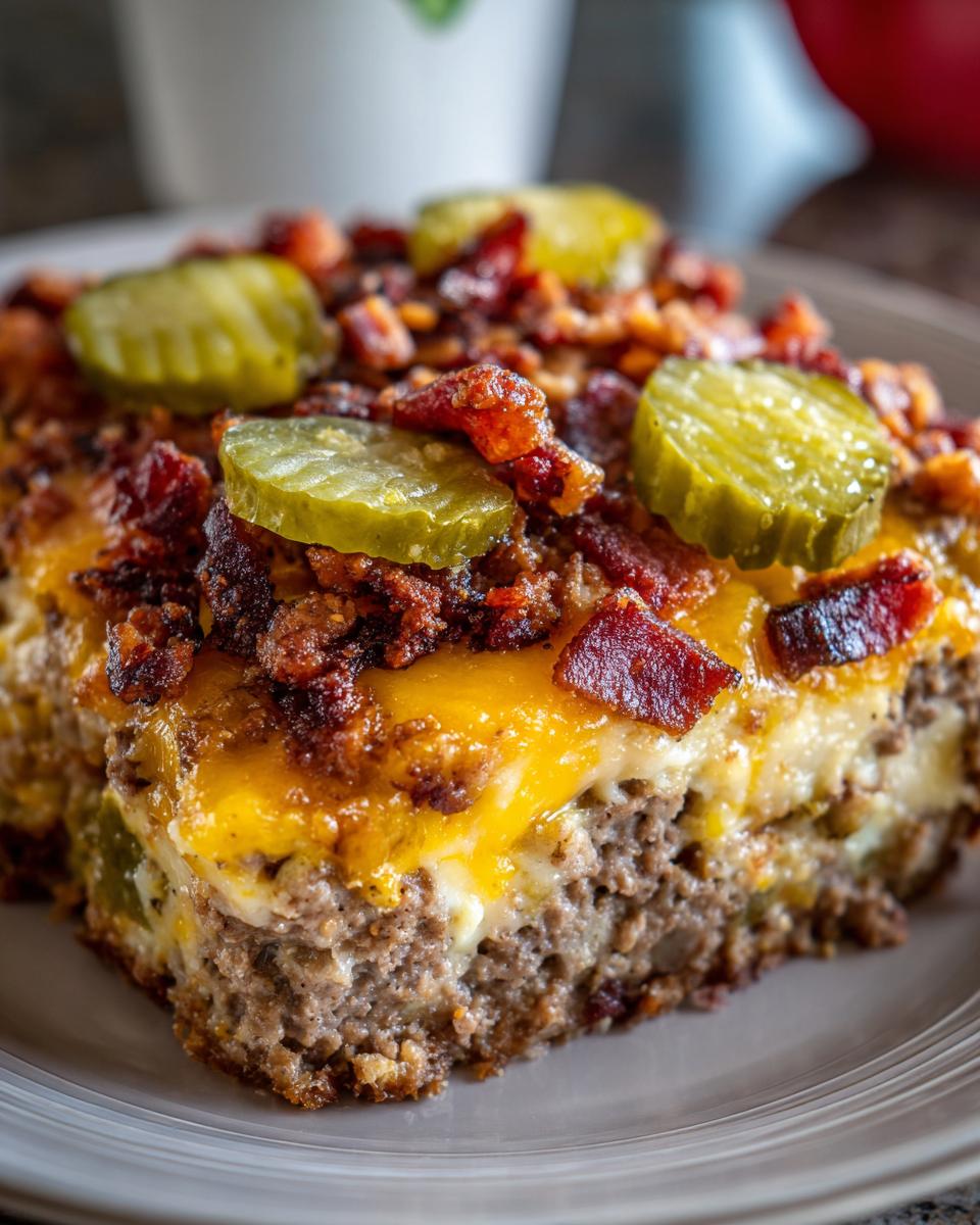 A close-up of a slice of Low-Carb Bacon Cheeseburger Casserole topped with melted cheese, bacon, and pickles.