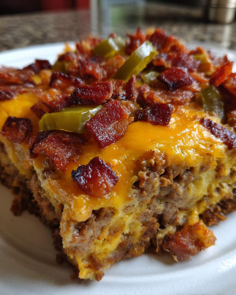A delicious slice of Low-Carb Bacon Cheeseburger Casserole topped with melted cheese, crispy bacon, and jalapeรฑos.