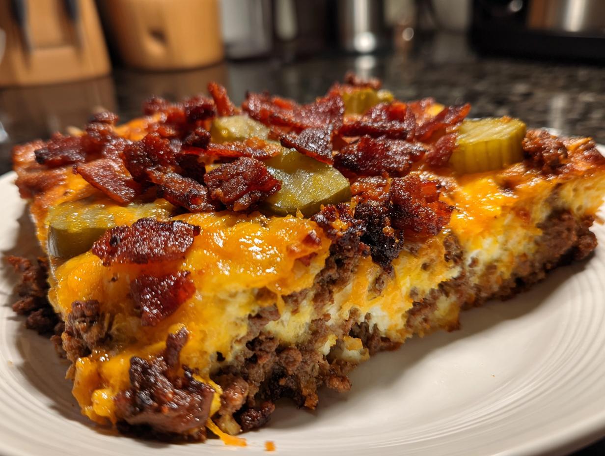A slice of Low-Carb Bacon Cheeseburger Casserole topped with crispy bacon and pickles.