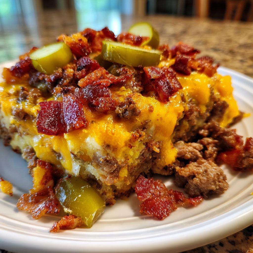 A generous slice of Low-Carb Bacon Cheeseburger Casserole topped with melted cheese, crispy bacon, and pickles.