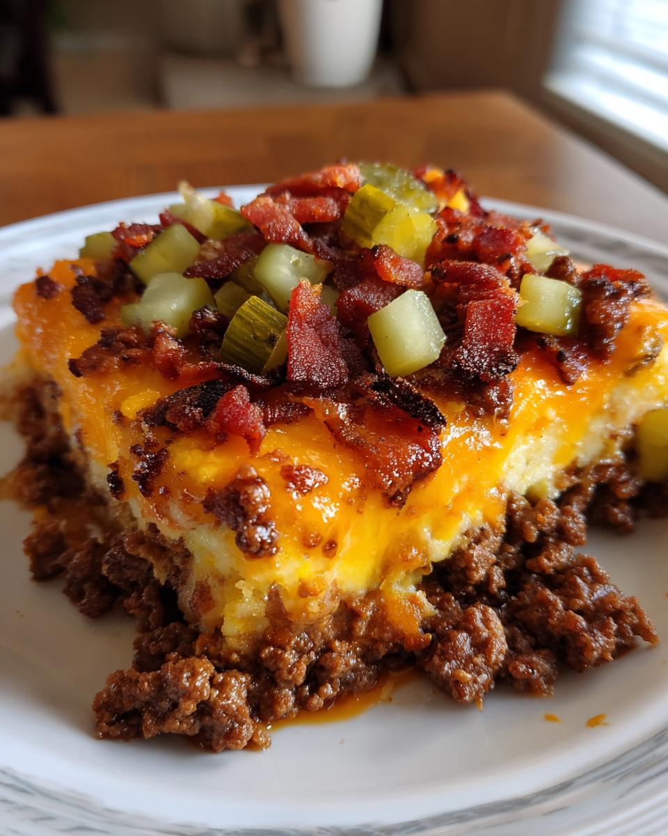 A delicious slice of Low-Carb Bacon Cheeseburger Casserole topped with melted cheese, bacon, and pickles.