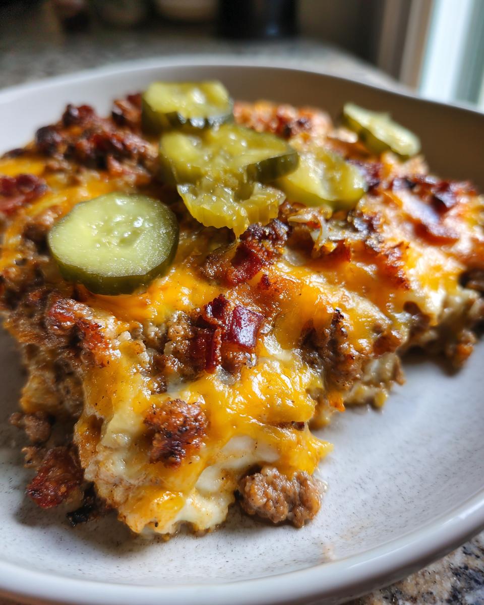 A delicious slice of Low-Carb Bacon Cheeseburger Casserole topped with pickles and melted cheese.