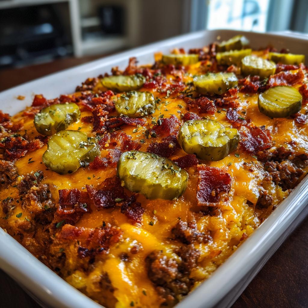 Close-up of a baked Low-Carb Bacon Cheeseburger Casserole topped with melted cheese, crispy bacon, and pickle slices.