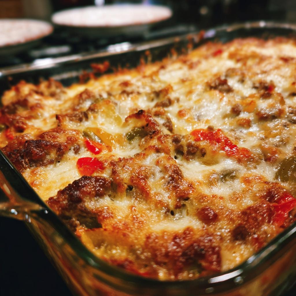 A close-up, mouth-watering view of a baked Low Carb Philly Cheesesteak Casserole in a glass dish, showing melted cheese, seasoned ground beef, and colorful peppers.