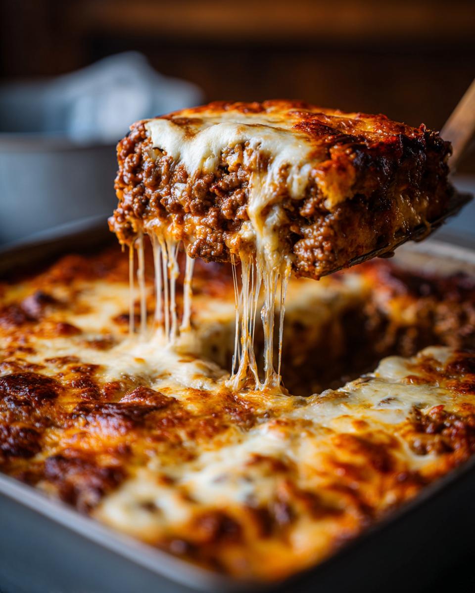 A slice of Low Carb Philly Cheesesteak Casserole is lifted, showing a delicious cheese pull and layers of seasoned ground beef.