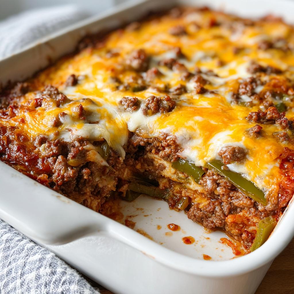 A close-up of a Low Carb Philly Cheesesteak Casserole in a white baking dish, showing layers of ground beef, melted cheese, and green peppers.