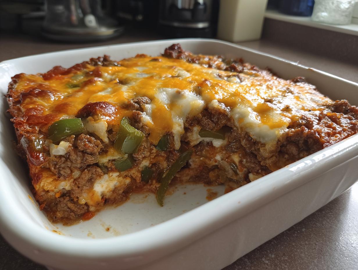 A close-up of a Low Carb Philly Cheesesteak Casserole in a white baking dish, showing layers of ground beef, peppers, and melted cheese.