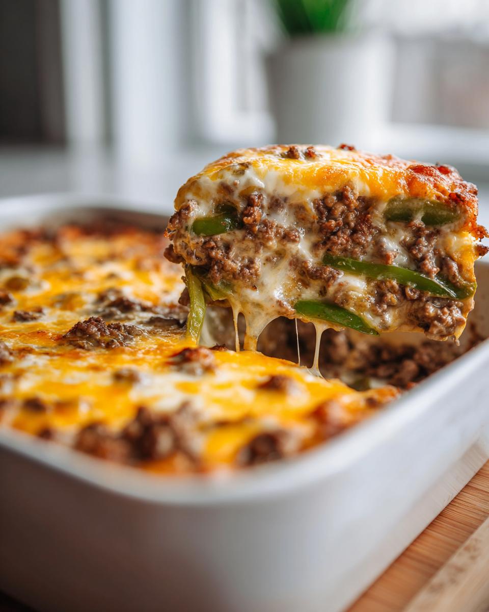 A scoop of Low Carb Philly Cheesesteak Casserole with melted cheese and green peppers.