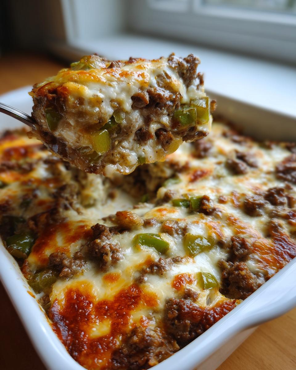 A scoop of Low Carb Philly Cheesesteak Casserole with ground beef, green peppers, and melted cheese.