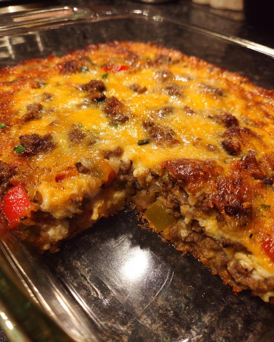 A close-up of a slice of Low Carb Philly Cheesesteak Casserole in a baking dish, showing layers of ground beef, peppers, and melted cheese.