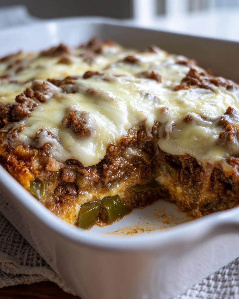 A slice taken out of a Low Carb Philly Cheesesteak Casserole, revealing layers of ground beef, peppers, and melted cheese.