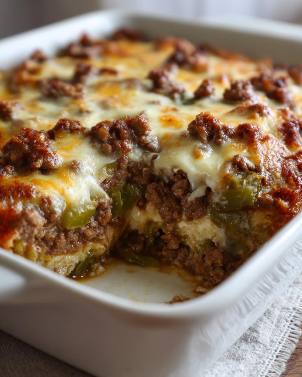 A close-up of a Low Carb Philly Cheesesteak Casserole in a white baking dish, showing layers of seasoned ground beef, green peppers, and melted cheese.
