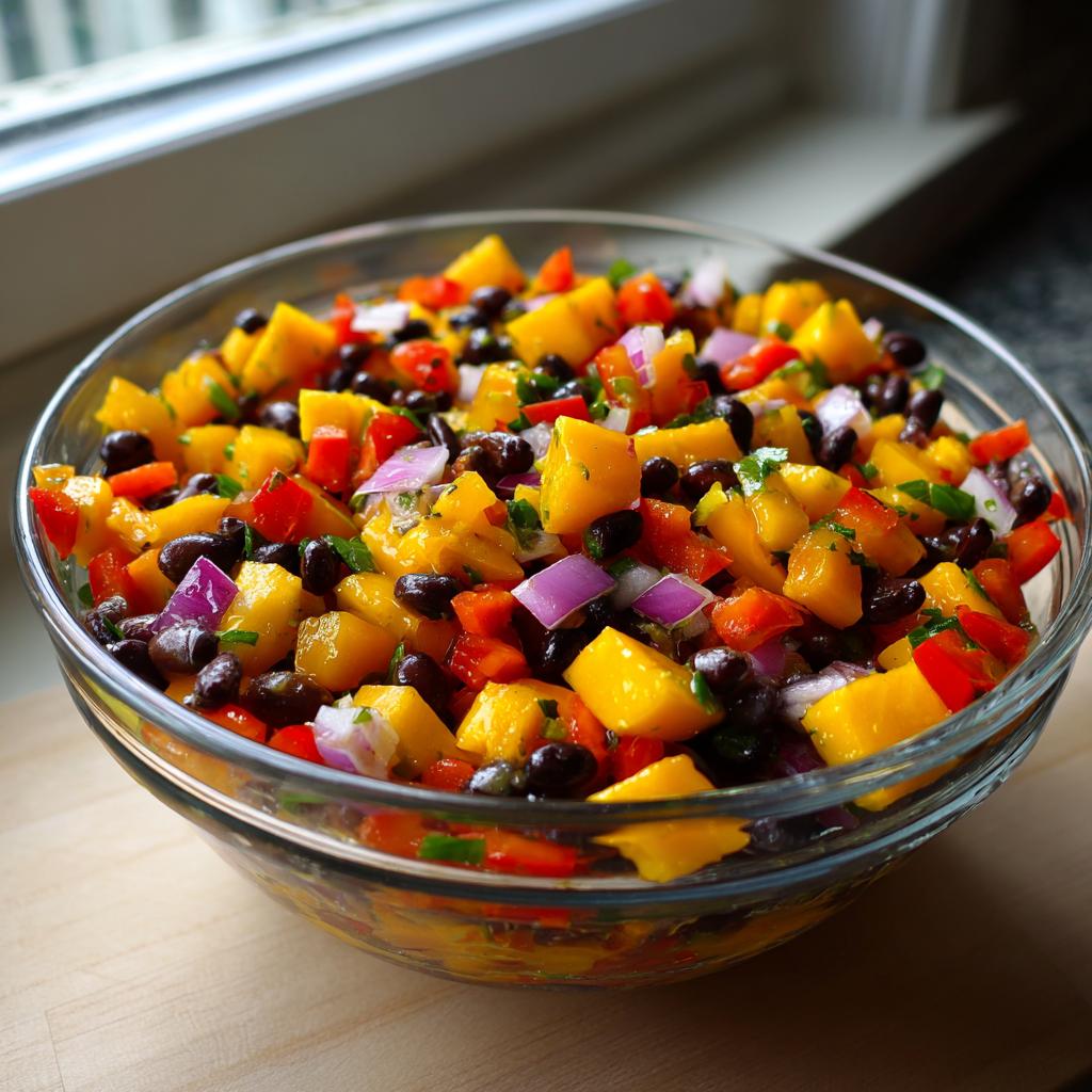 A vibrant bowl of Summer Salad Recipes With Mango Black Bean, featuring diced mango, black beans, red bell peppers, and red onion.