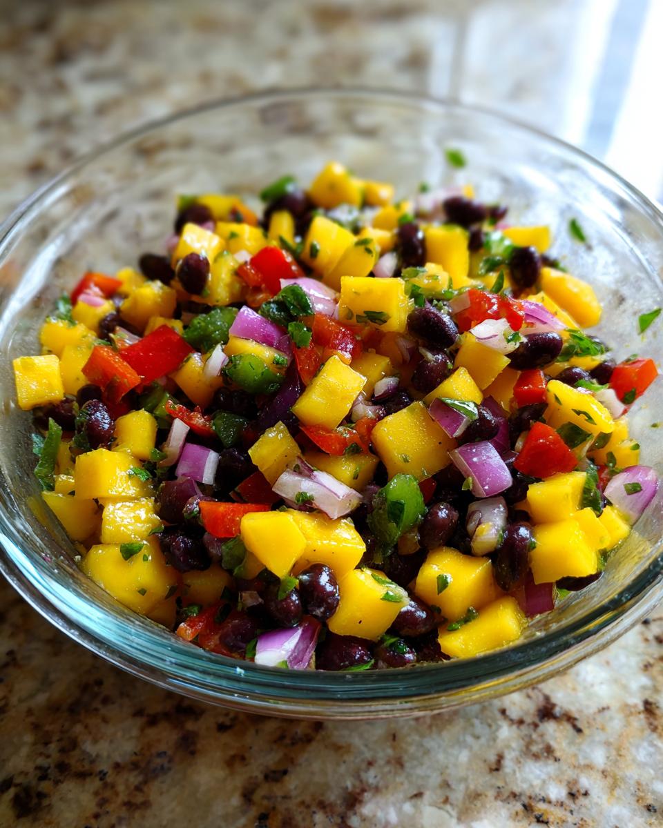 Close-up of a vibrant Summer Salad Recipe with Mango Black Bean, featuring diced mango, black beans, red onion, and bell peppers in a glass bowl.