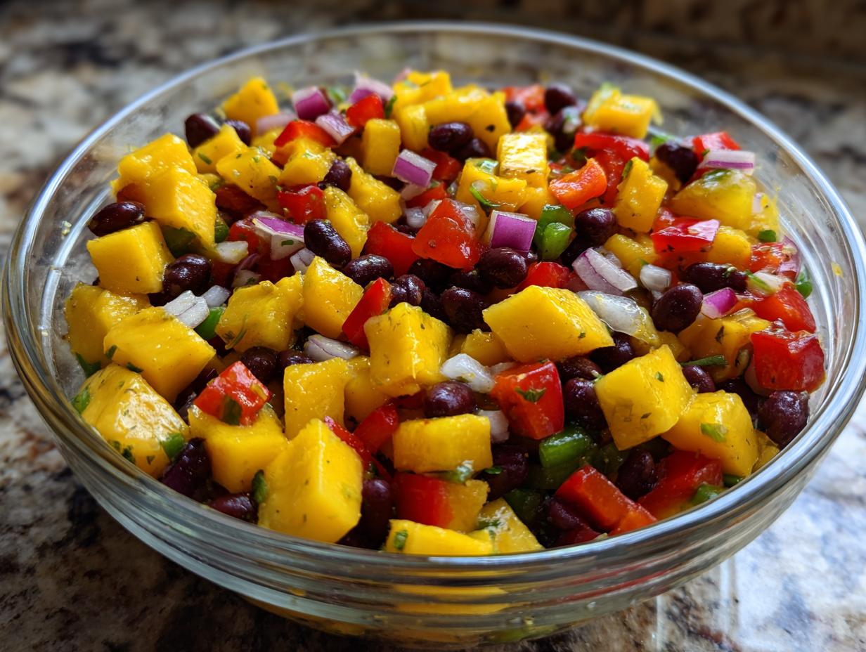 A vibrant bowl of summer salad recipes with mango, black beans, red onion, and bell peppers.