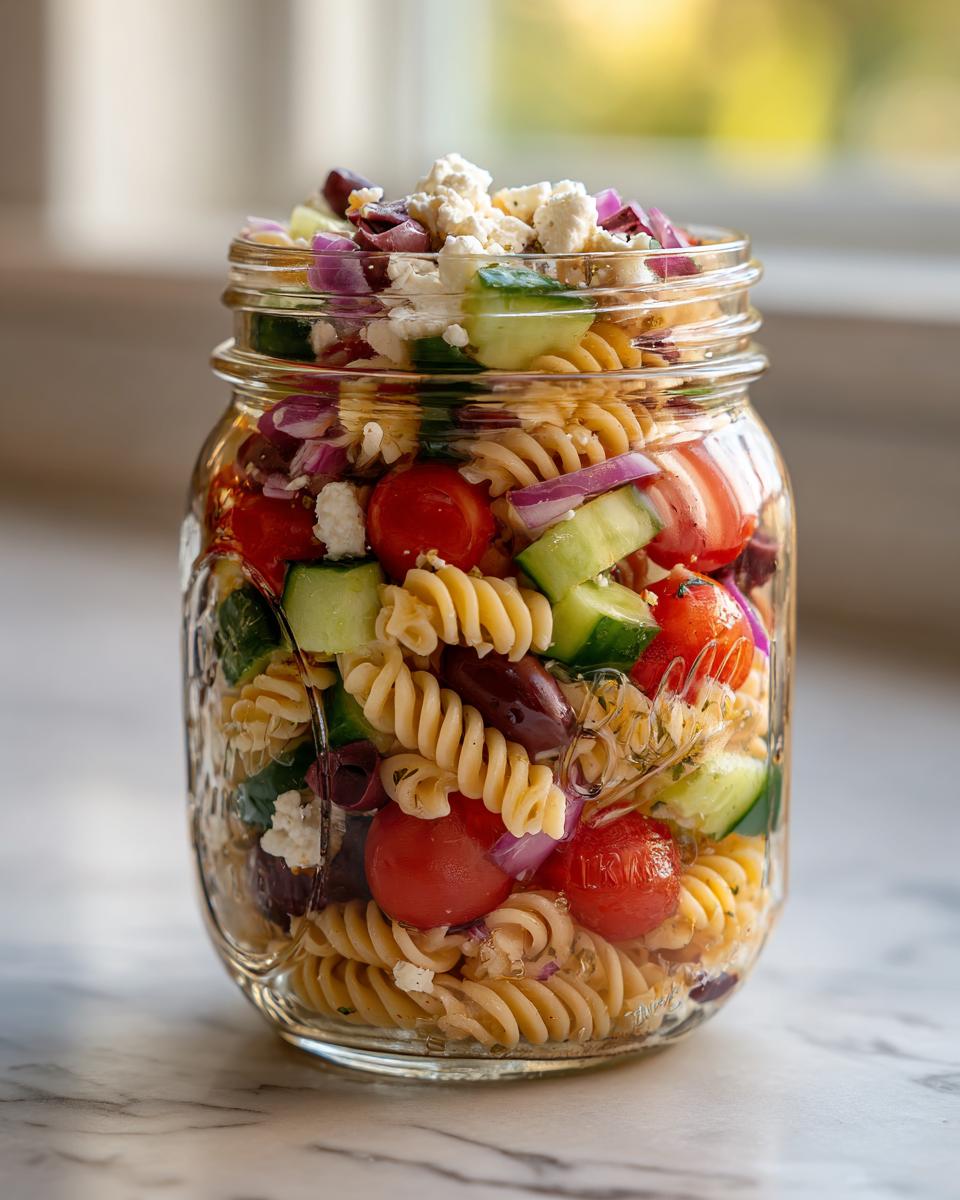 A mason jar filled with colorful Mediterranean pasta salad, featuring rotini pasta, cherry tomatoes, cucumber, olives, red onion, and feta cheese.