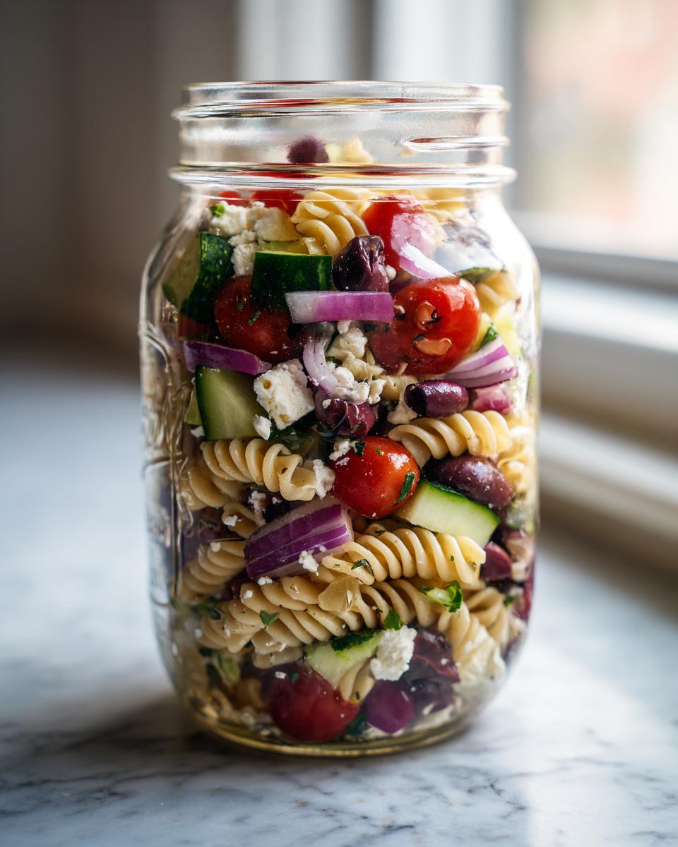 Close-up of a mason jar filled with Mediterranean pasta salad, featuring rotini pasta, cherry tomatoes, cucumber, olives, red onion, and feta cheese.