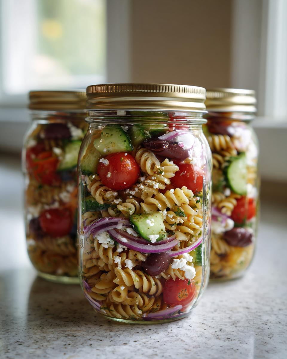 Three mason jars filled with colorful Mediterranean pasta salad, featuring rotini pasta, cherry tomatoes, cucumber, feta cheese, red onion, and Kalamata olives.