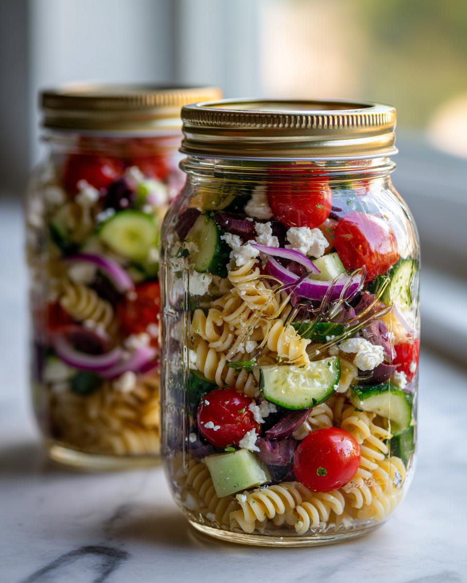 Two mason jars filled with Mediterranean pasta salad, featuring rotini pasta, cherry tomatoes, cucumber, olives, red onion, and feta cheese.
