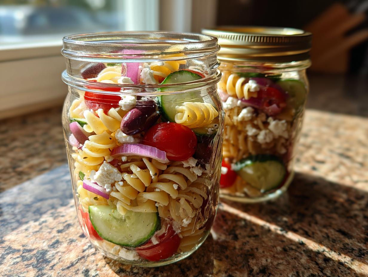 Two glass jars filled with colorful Mediterranean pasta salad, featuring rotini pasta, cherry tomatoes, cucumber, red onion, olives, and feta cheese.