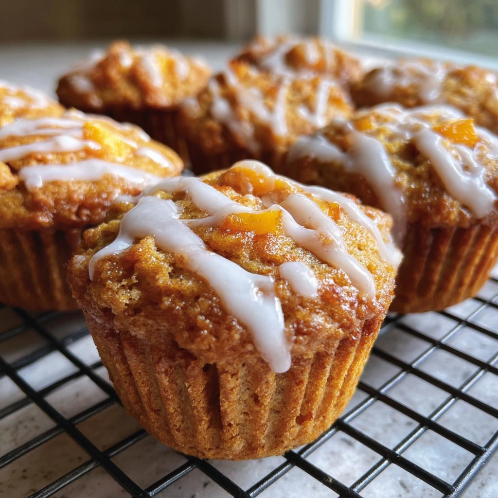 Close-up of moist peach muffins topped with a vanilla glaze, showcasing chunks of peach.