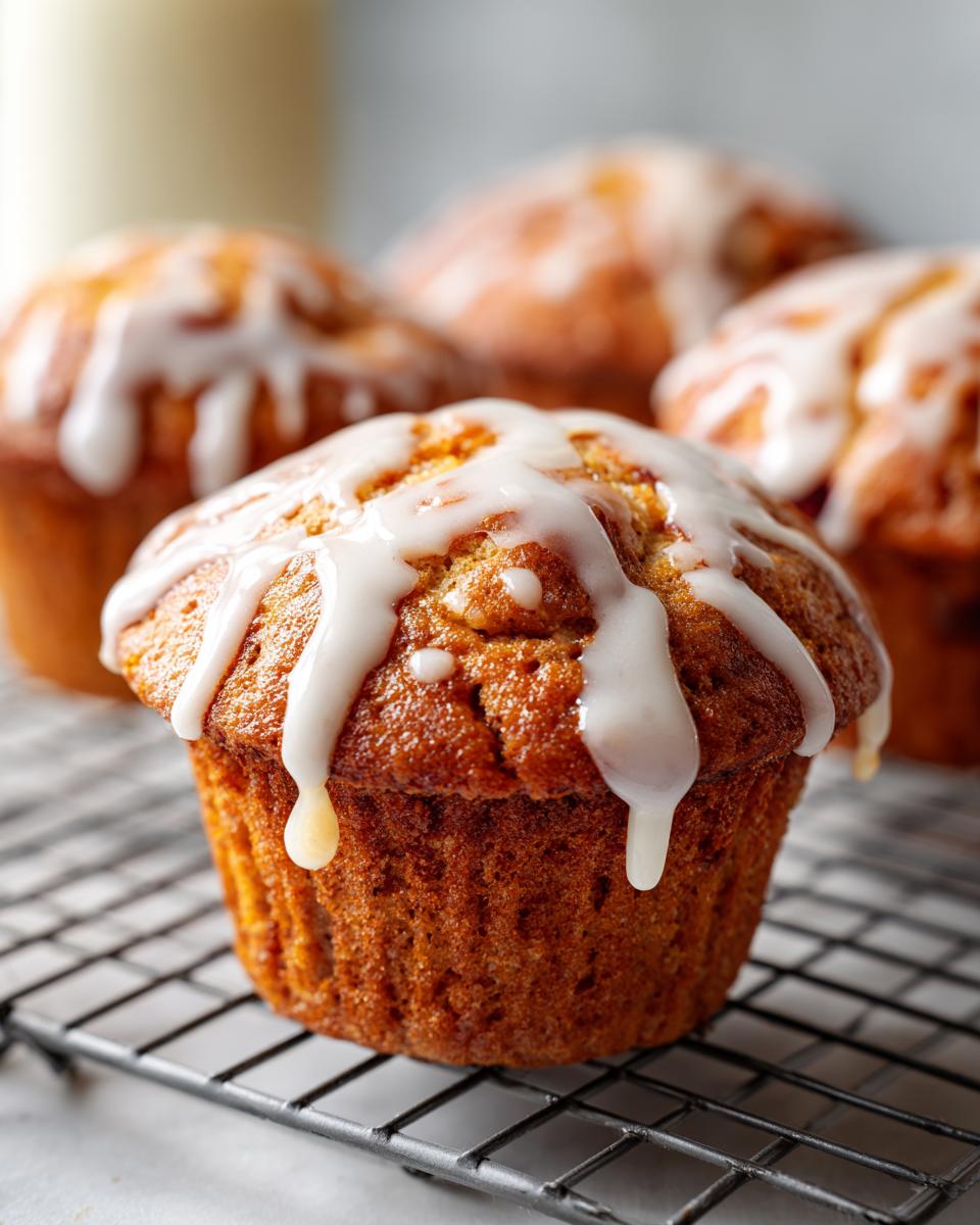Close-up of a moist peach muffin topped with a drippy vanilla glaze, resting on a cooling rack.