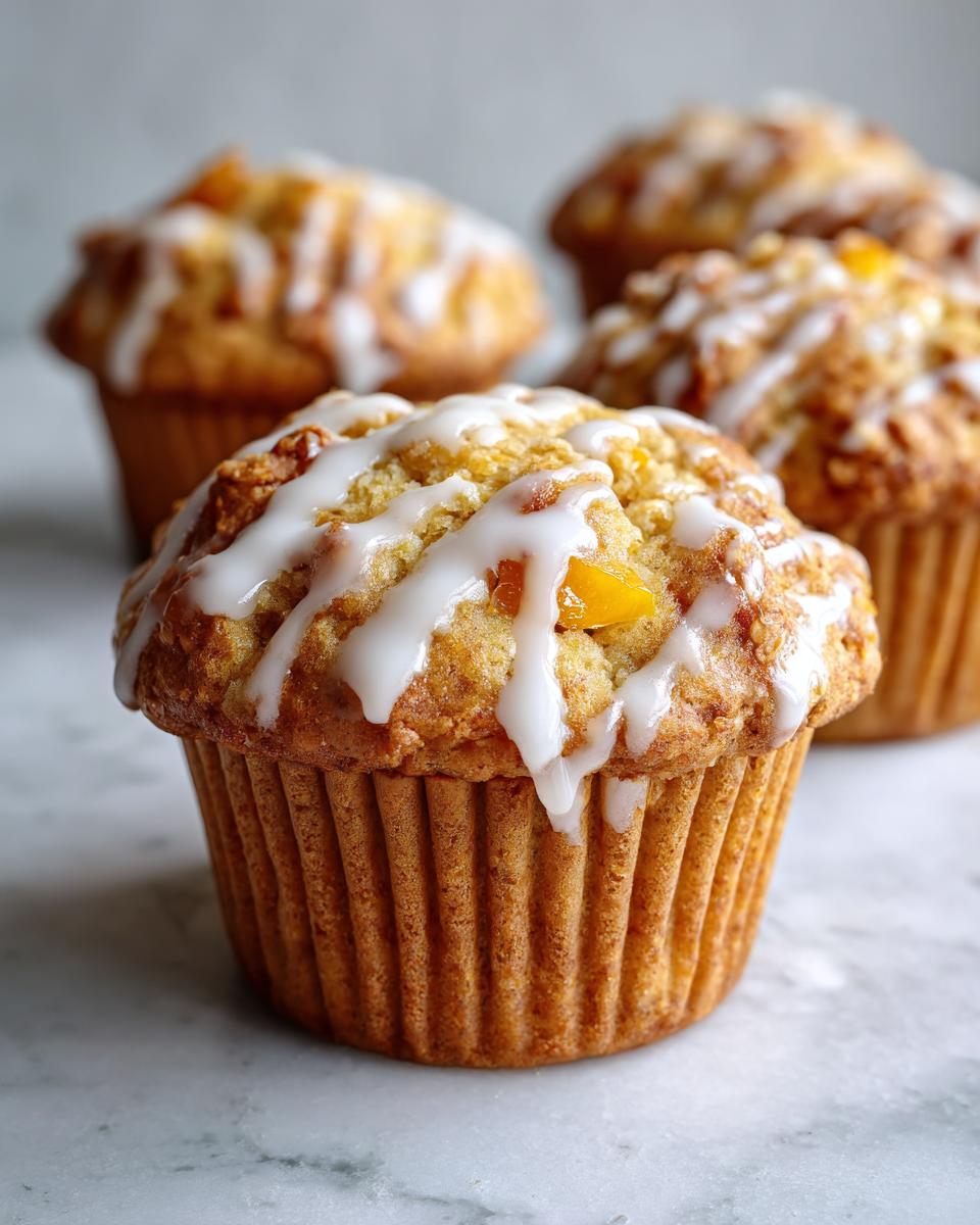 Close-up of a moist peach muffin topped with vanilla glaze and chunks of peach.