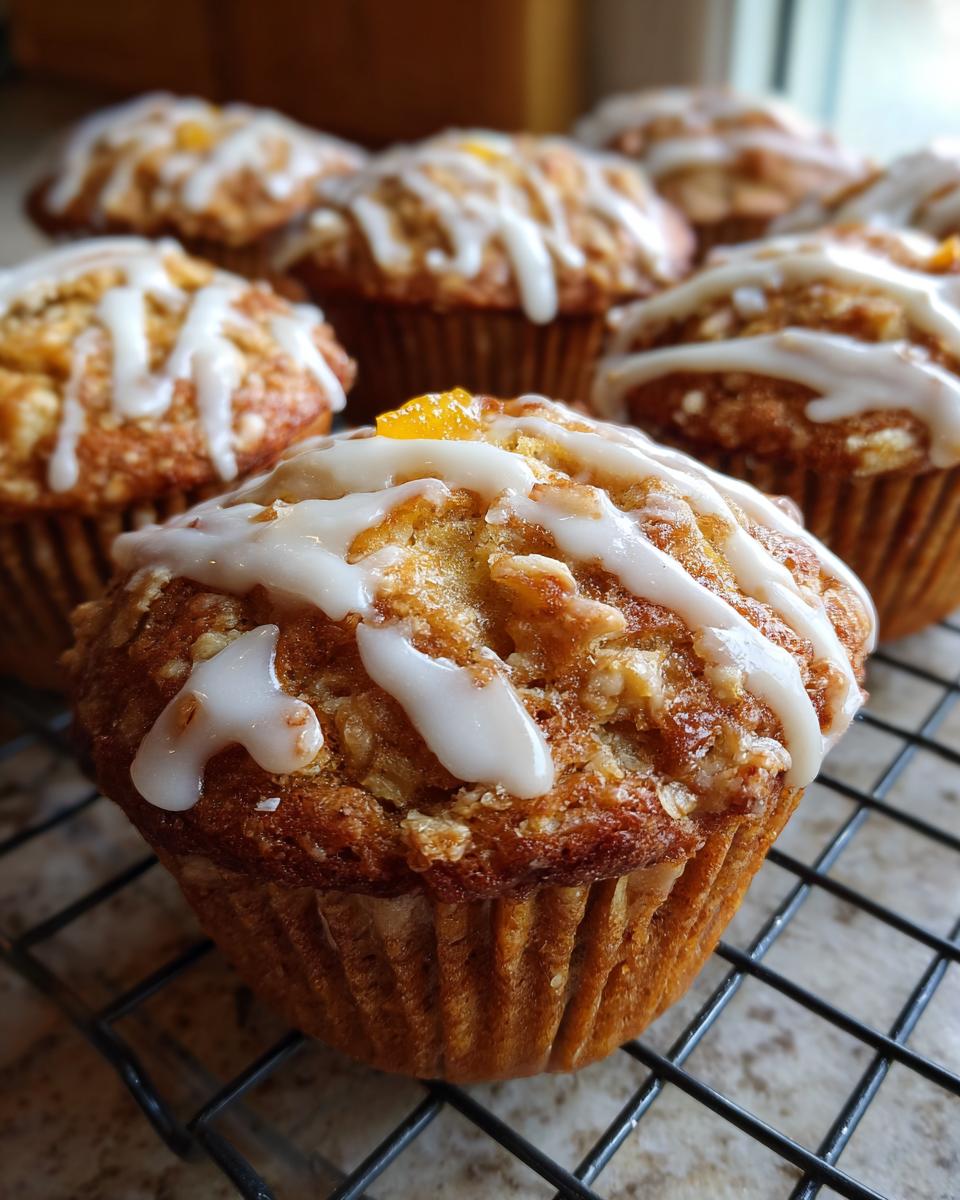 Close-up of a freshly baked peach muffin topped with vanilla glaze and a piece of candied peach.