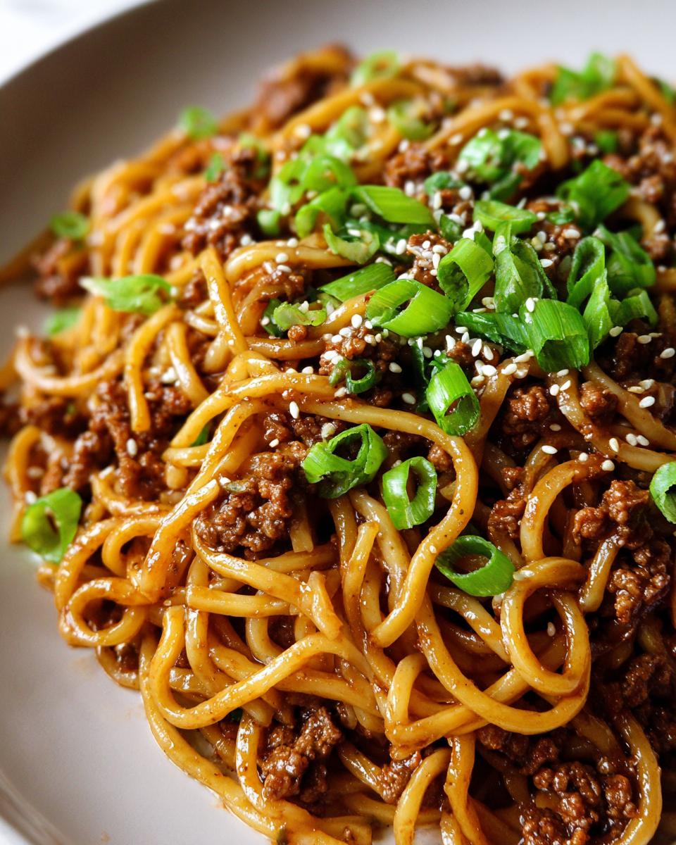 Close-up of a bowl of Mongolian Ground Beef Noodles, topped with chopped green onions and sesame seeds.
