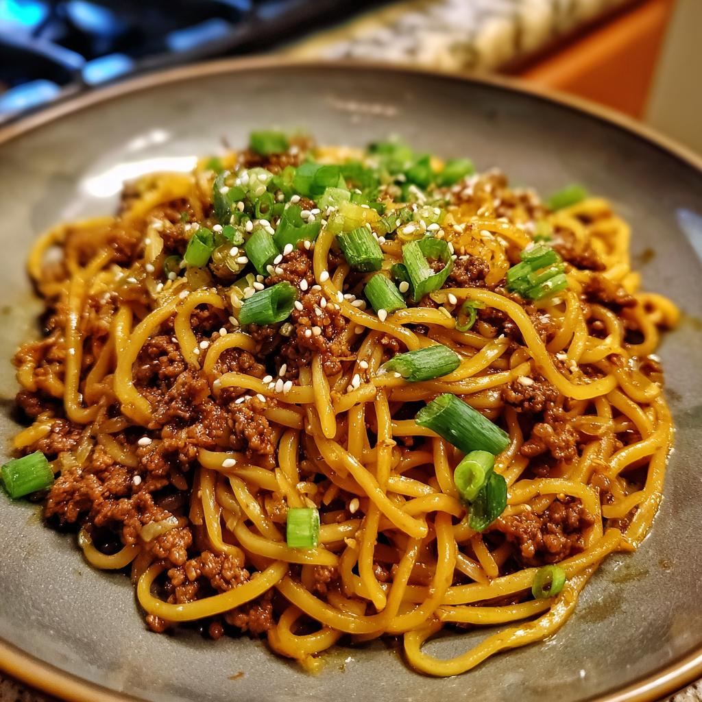 Close-up of a bowl of Mongolian Ground Beef Noodles, topped with green onions and sesame seeds.