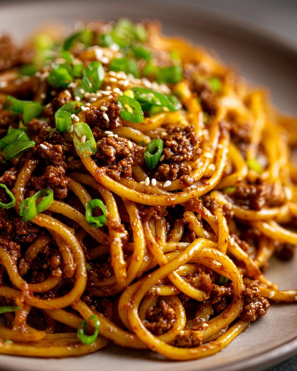 Close-up of a plate of Mongolian Ground Beef Noodles, garnished with green onions and sesame seeds.