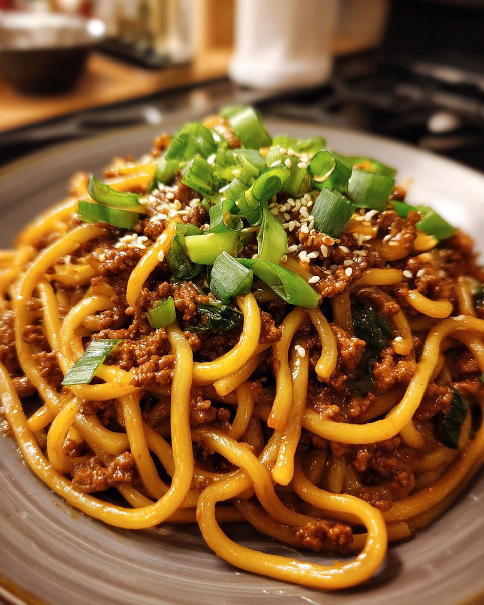 A close-up of a plate of Mongolian Ground Beef Noodles, topped with chopped green onions and sesame seeds.