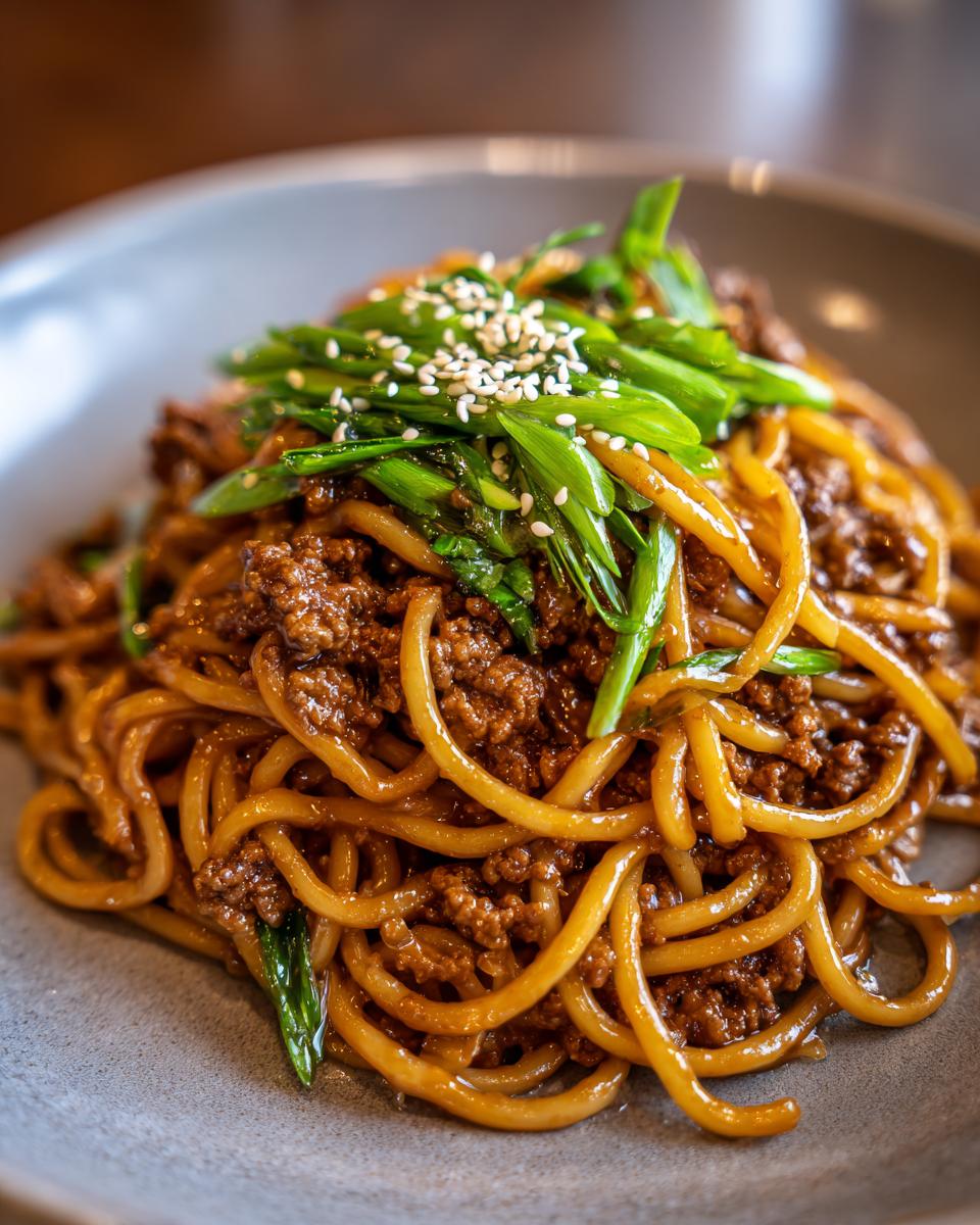 A close-up of a bowl of Mongolian Ground Beef Noodles, topped with green onions and sesame seeds.