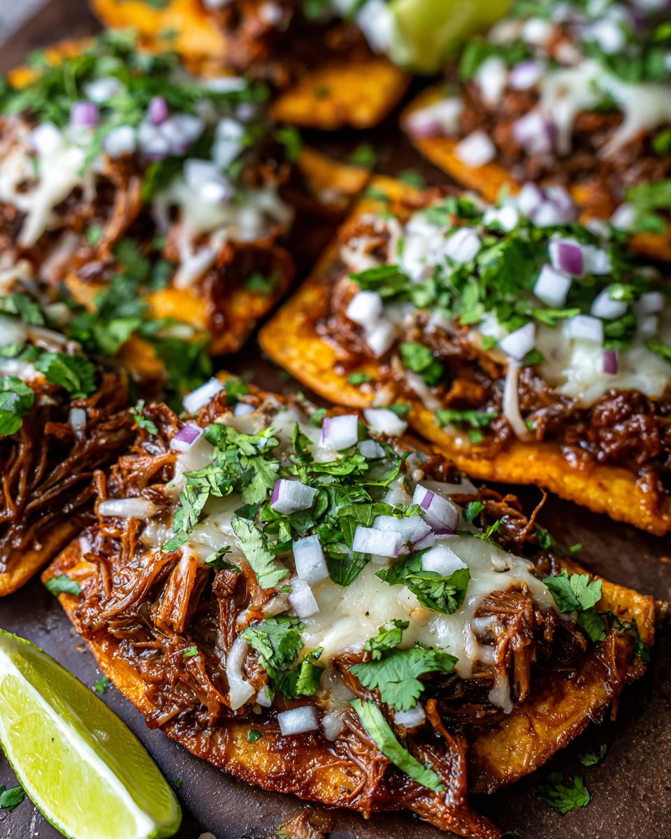 Close-up of My Fave Birria Tacos topped with melted cheese, chopped onions, and cilantro, with a lime wedge.