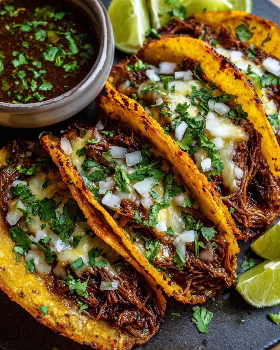 Close-up of delicious My Fave Birria Tacos, filled with shredded meat and cheese, topped with cilantro and onion, served with a side of consommรฉ and lime wedges.