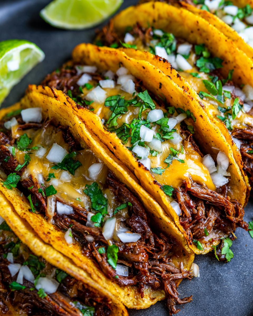 Close-up of My Fave Birria Tacos, filled with shredded beef, melted cheese, and topped with diced onions and cilantro.