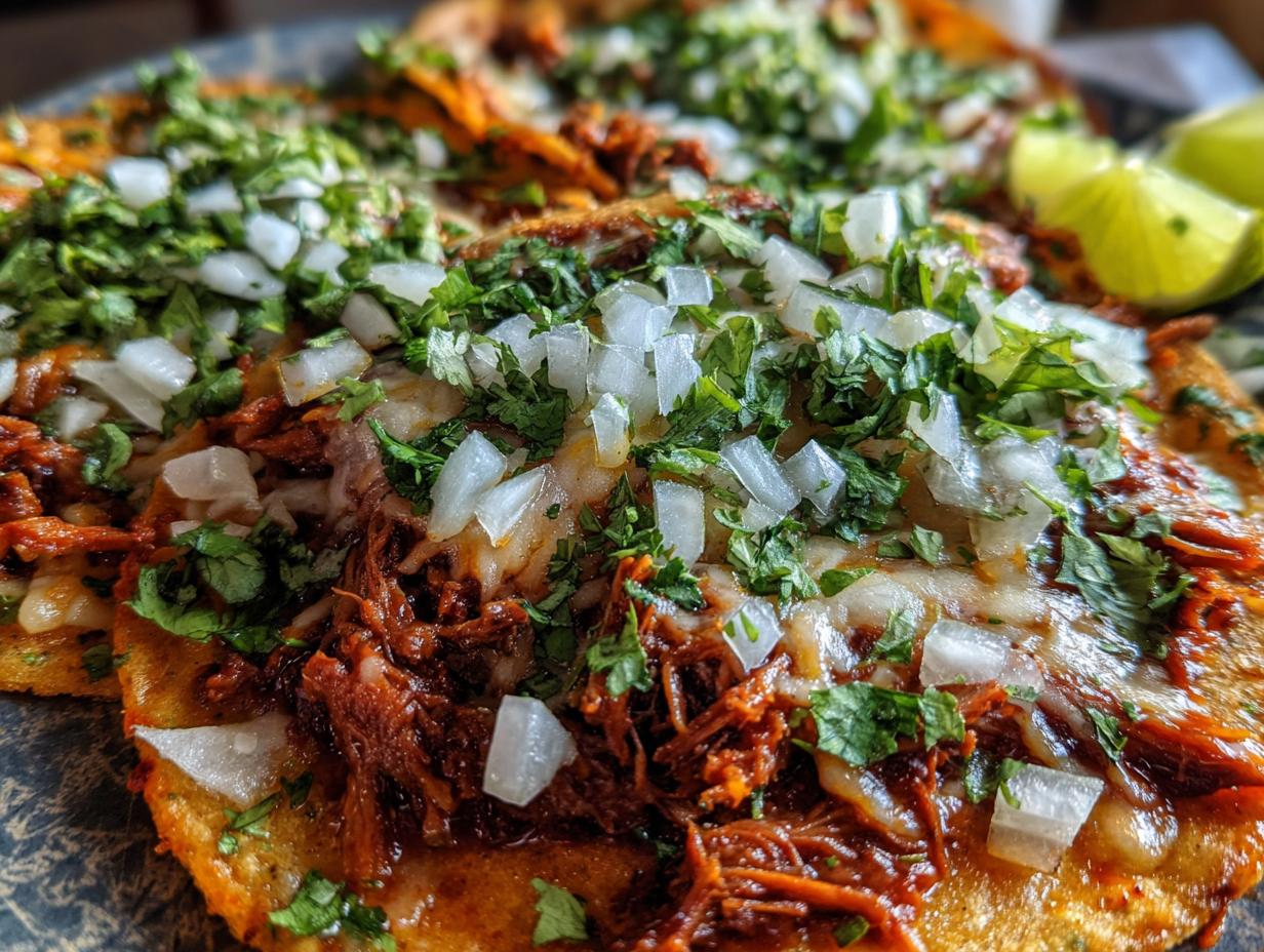 Close-up of delicious My Fave Birria Tacos topped with melted cheese, chopped white onions, and fresh cilantro.