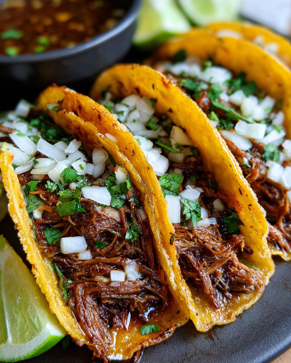 Close-up of three delicious My Fave Birria Tacos, topped with onions and cilantro, with a side of consommรฉ.