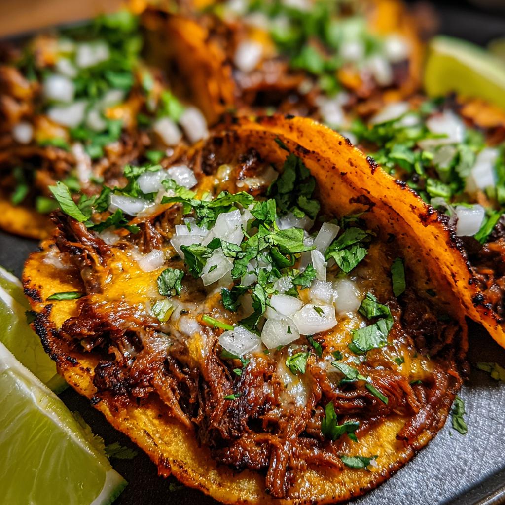 Close-up of delicious My Fave Birria Tacos, topped with melted cheese, chopped onions, and fresh cilantro, served with lime wedges.