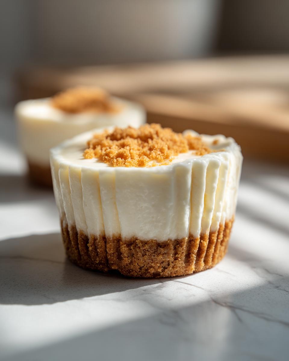 Close-up of a no-bake cheesecake cup with a graham cracker crust and crumbled topping, perfect for Fourth of July parties.