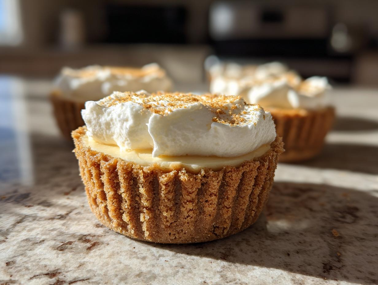 Close-up of a no-bake cheesecake cup topped with whipped cream and graham cracker crumbs, perfect for Fourth of July desserts.