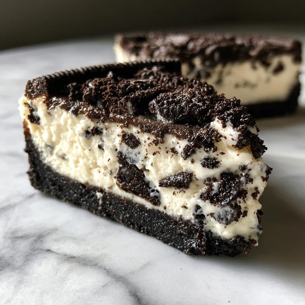 A delicious slice of no bake Oreo cheesecake with a chocolate cookie crust and creamy filling.