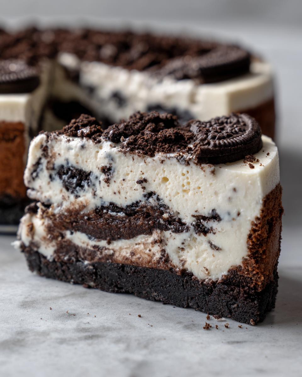 A delicious slice of no bake Oreo cheesecake, featuring layers of creamy filling and crushed Oreos, topped with a whole Oreo cookie.