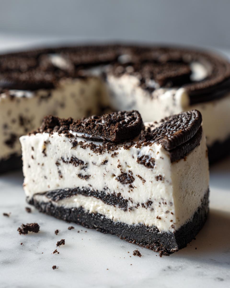 A slice of no bake Oreo cheesecake with a crushed Oreo crust and creamy filling, topped with whole Oreos.