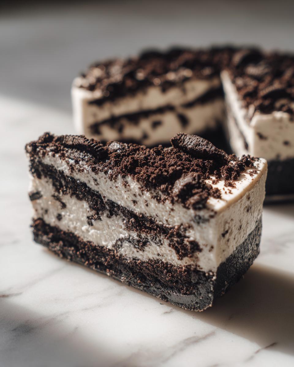 A slice of no bake Oreo cheesecake with layers of cream and crushed Oreos on a marble surface.